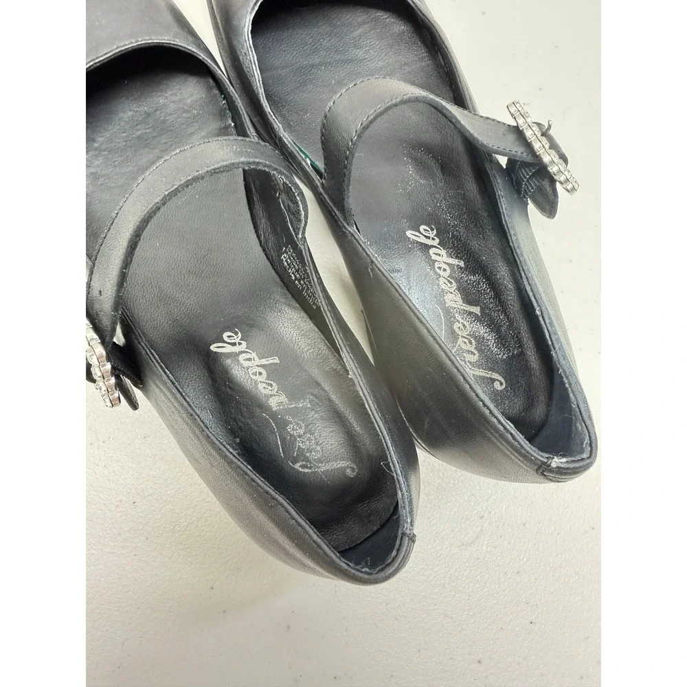 Free People Black Leather Square Toe Rhinestone Buckle Mary Jane Flats 7.5